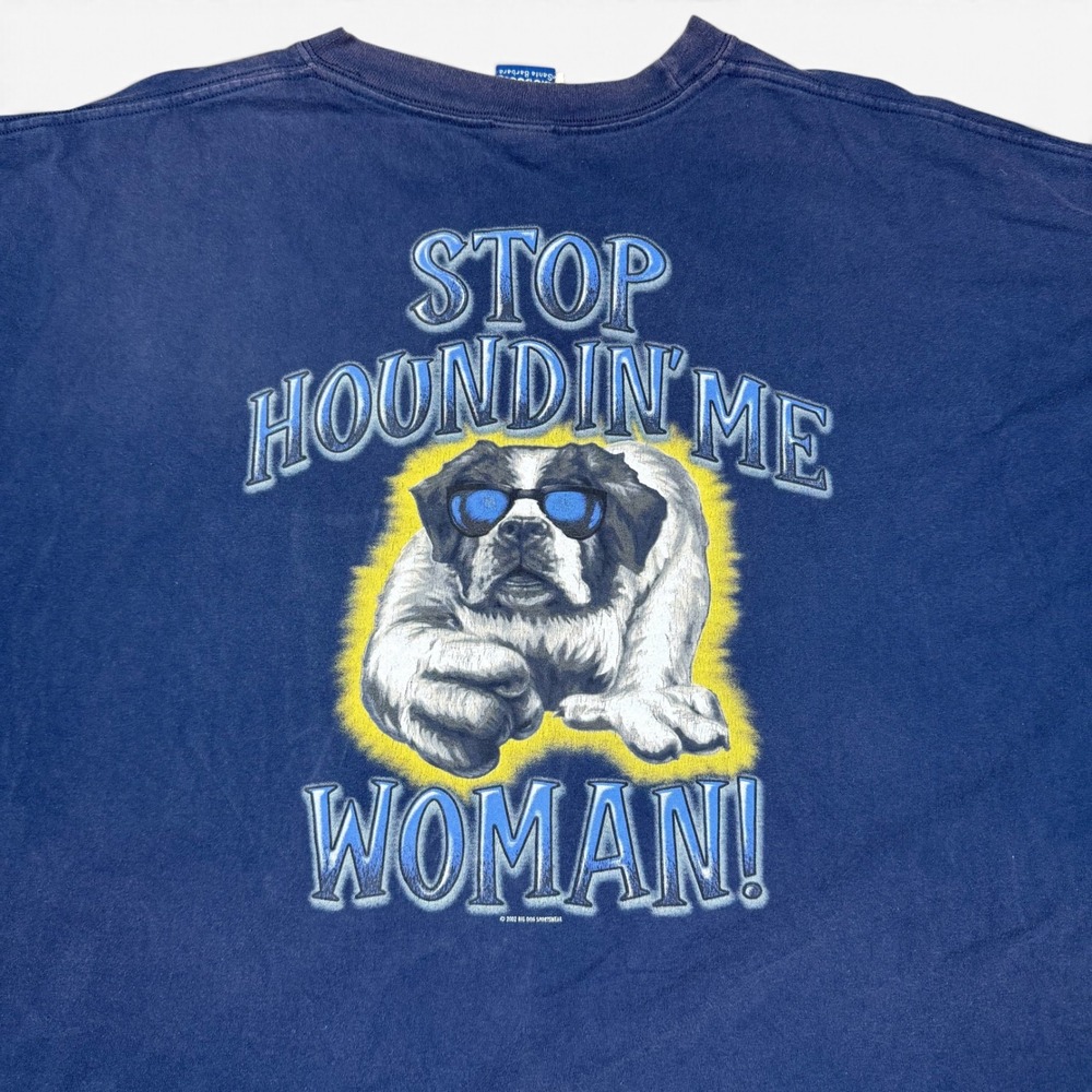 Vintage Big Dogs Stop Houndin Me Woman T-Shirt Navy Blue Graphic Tee 3X Y2K